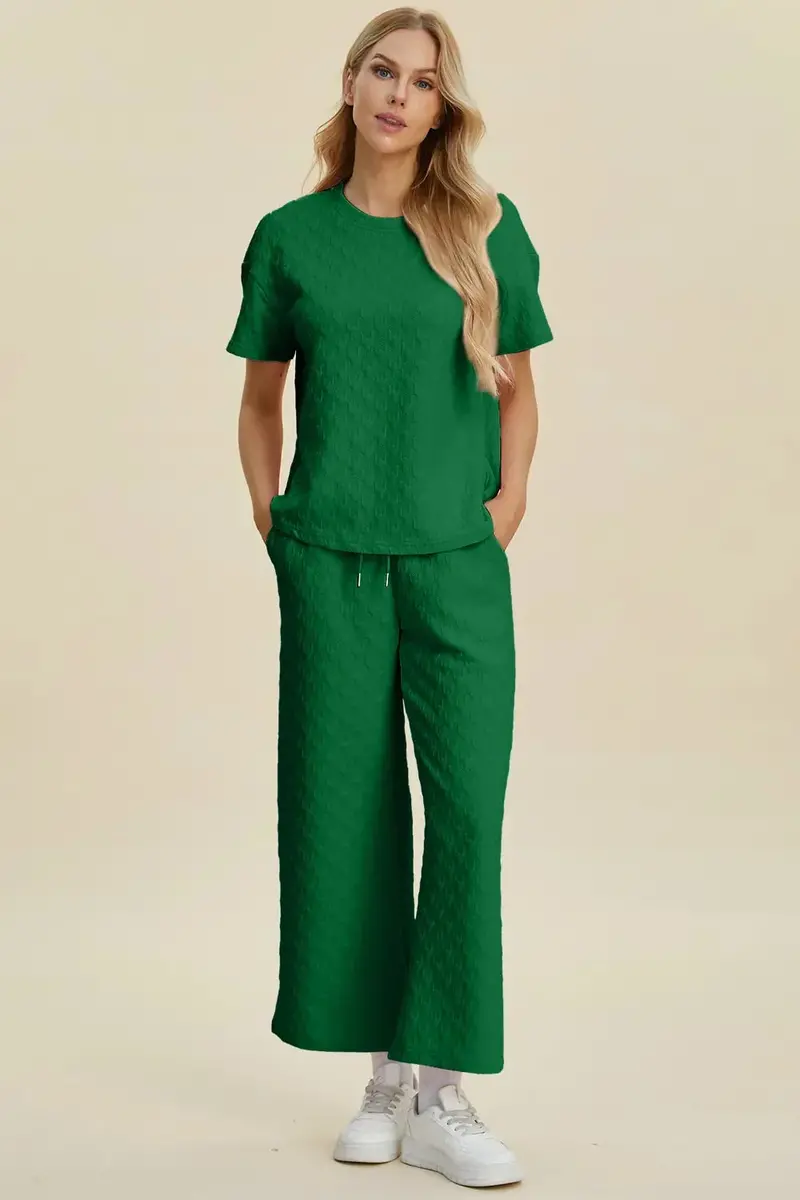 Texture Round Neck Short Sleeve Top And Pants Set 1