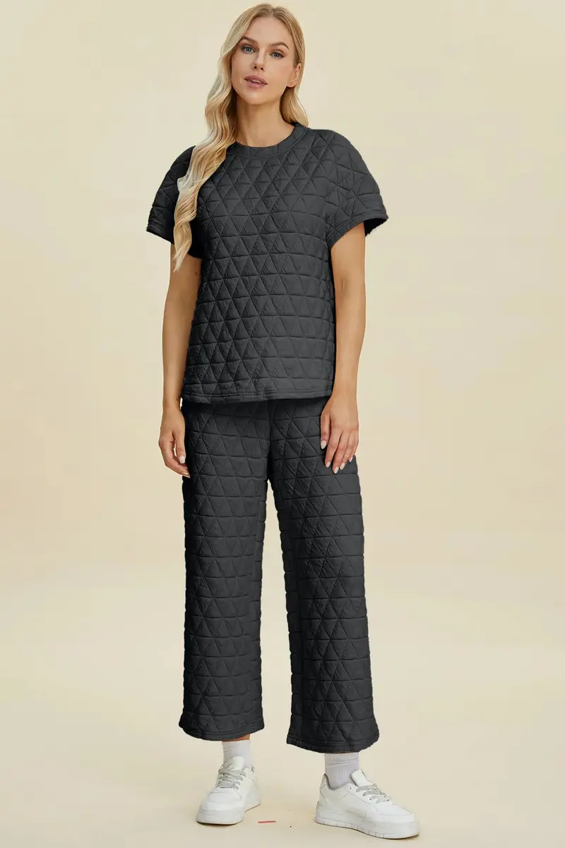 Texture Round Neck Short Sleeve Top And Pants Set 1