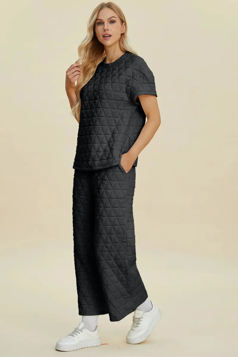 Texture Round Neck Short Sleeve Top And Pants Set 2