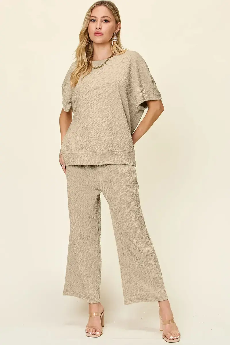 Texture Short Sleeve Top And Pants Set 1