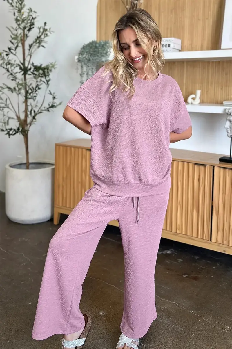 Texture Short Sleeve Top And Pants Set 10