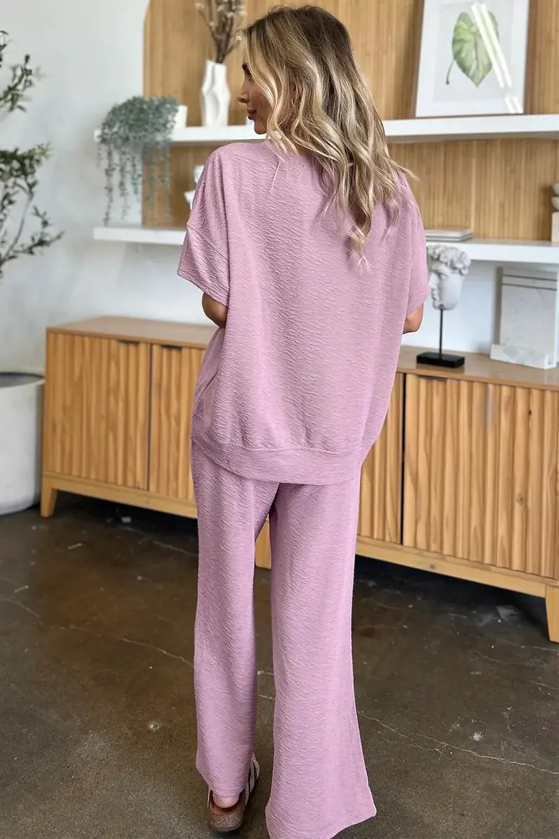 Texture Short Sleeve Top And Pants Set 11