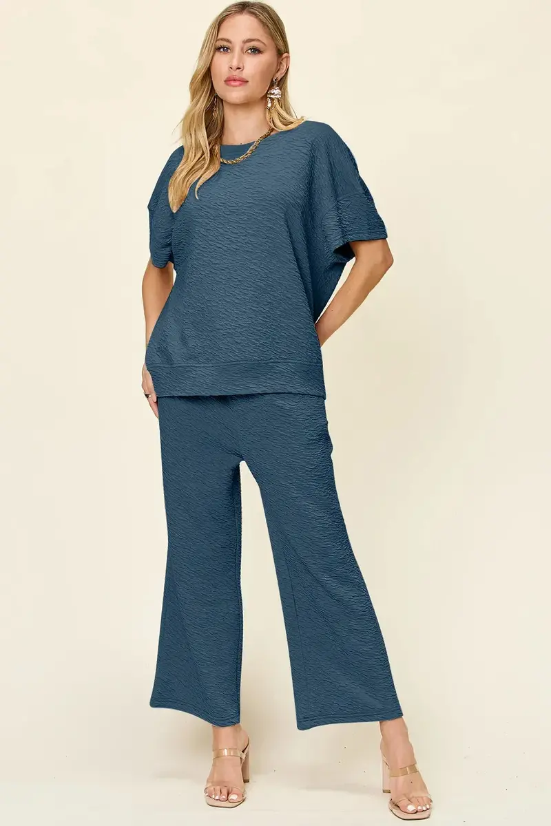 Texture Short Sleeve Top And Pants Set 12