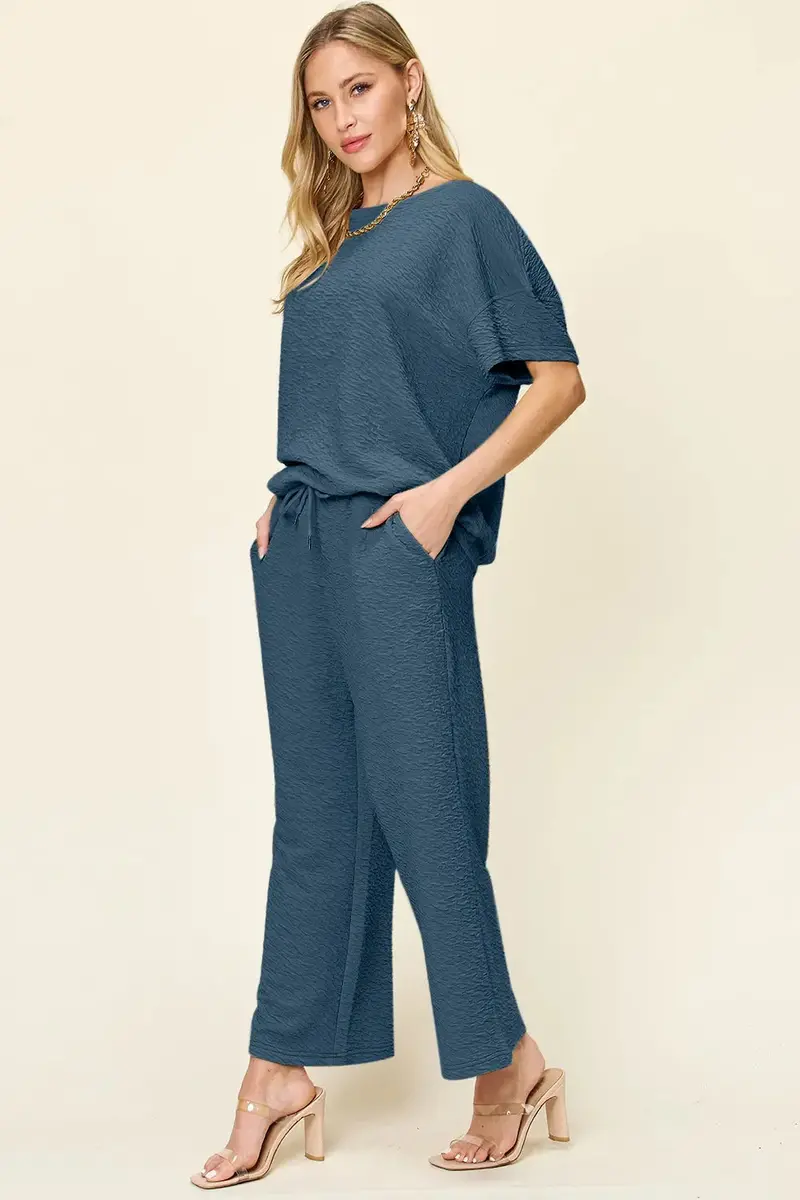 Texture Short Sleeve Top And Pants Set 13