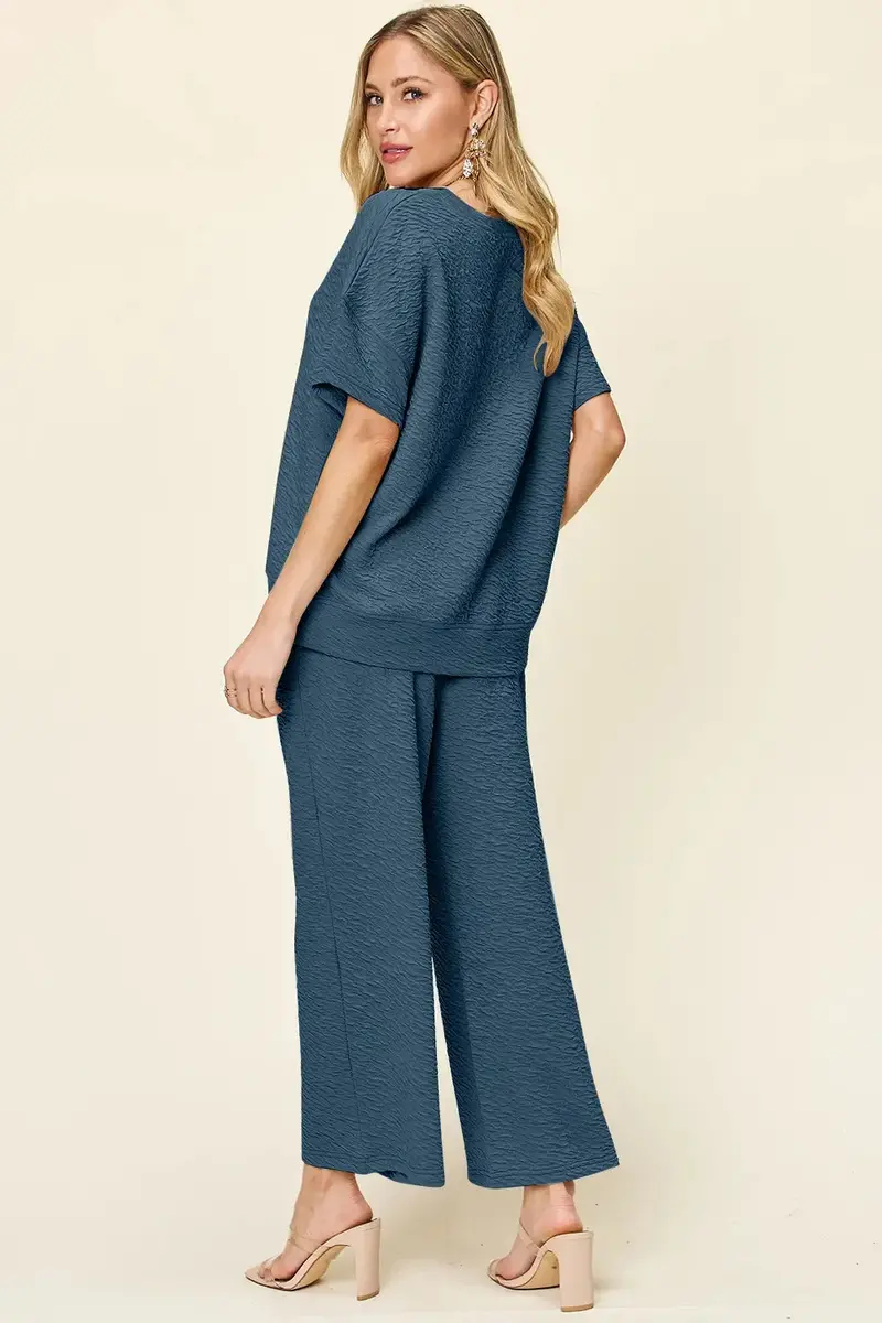 Texture Short Sleeve Top And Pants Set 14
