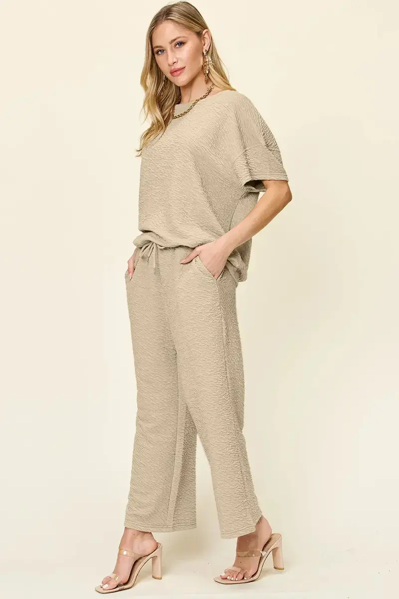 Texture Short Sleeve Top And Pants Set 2