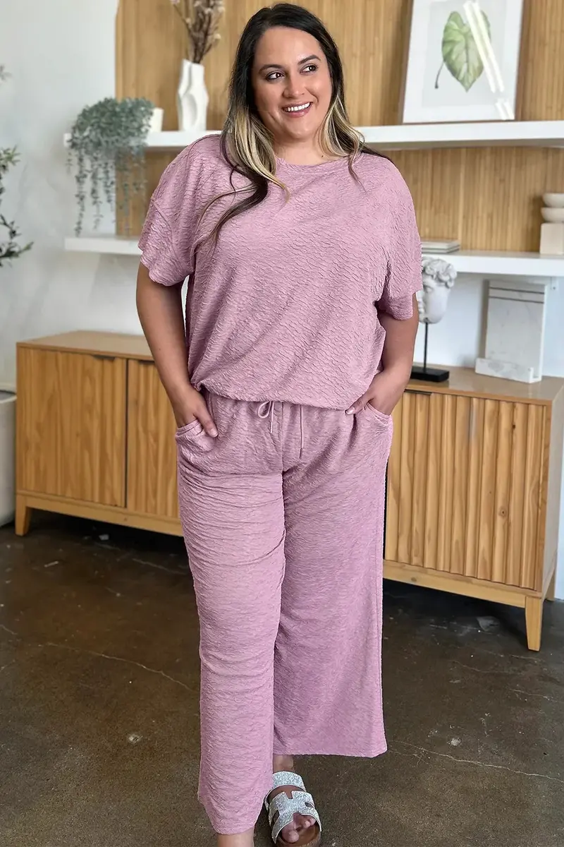 Texture Short Sleeve Top And Pants Set 6