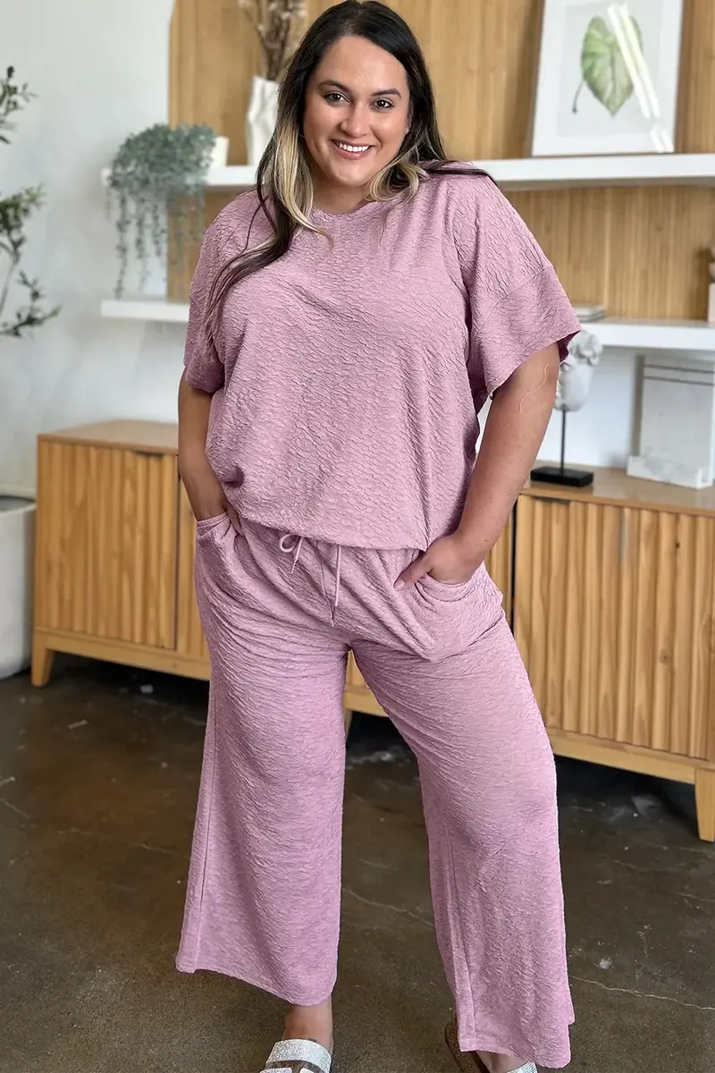 Texture Short Sleeve Top And Pants Set 7