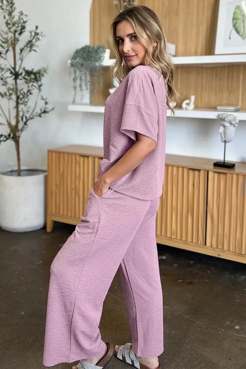 Texture Short Sleeve Top And Pants Set 9