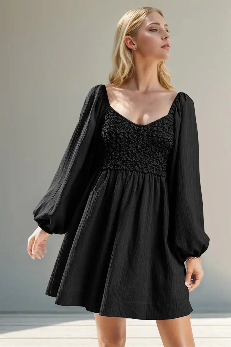 Texture Smocked Balloon Sleeve Mini Dress 1