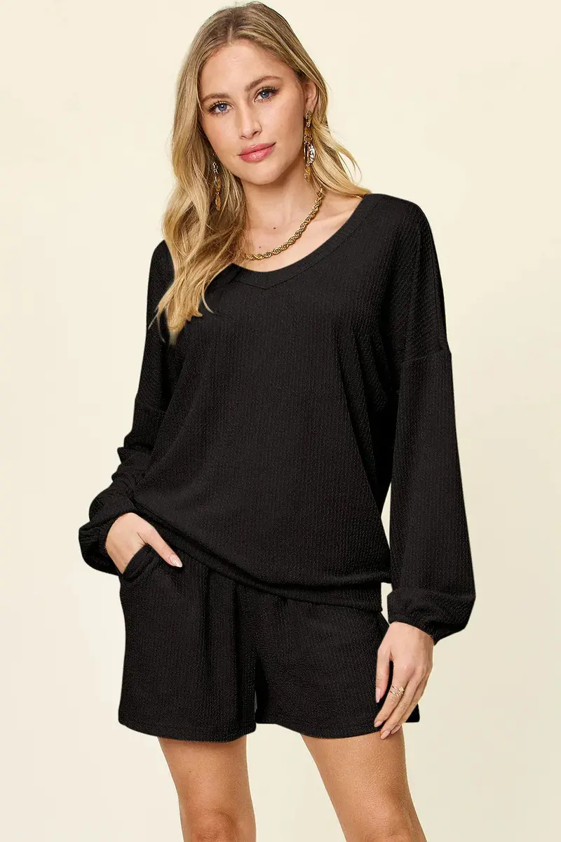 Texture V-Neck Long Sleeve T-Shirt And Shorts Set 10