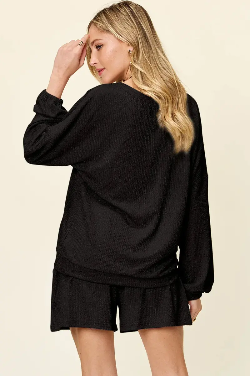 Texture V-Neck Long Sleeve T-Shirt And Shorts Set 12