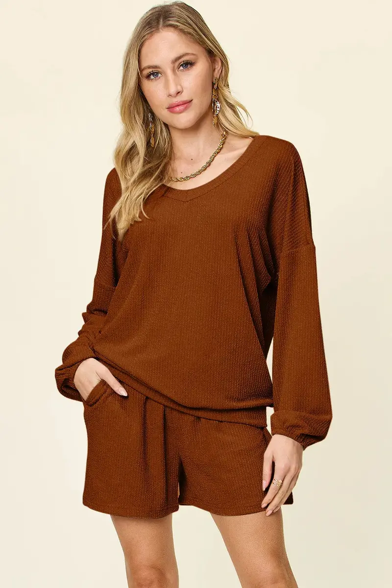 Texture V-Neck Long Sleeve T-Shirt And Shorts Set 13