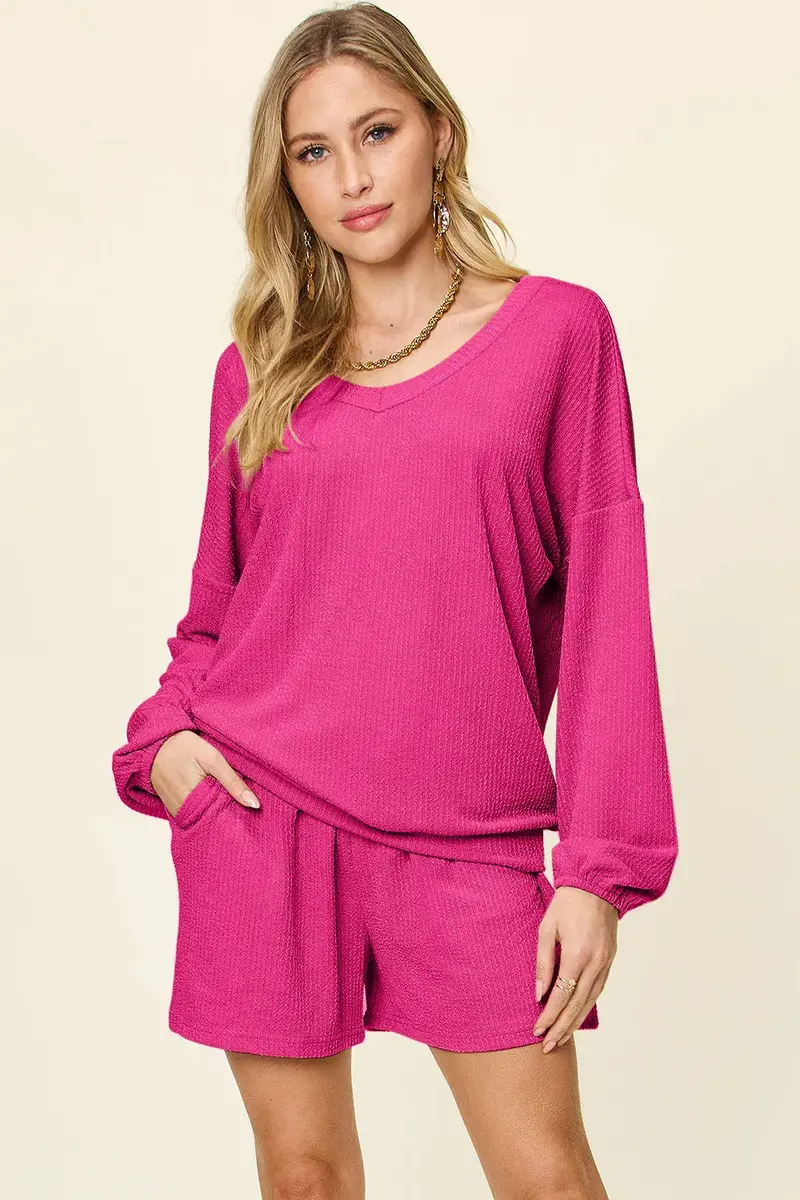 Texture V-Neck Long Sleeve T-Shirt And Shorts Set 2