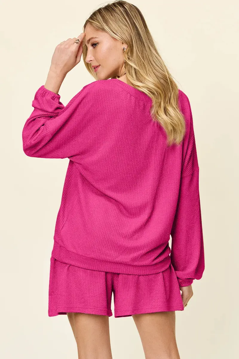 Texture V-Neck Long Sleeve T-Shirt And Shorts Set 3