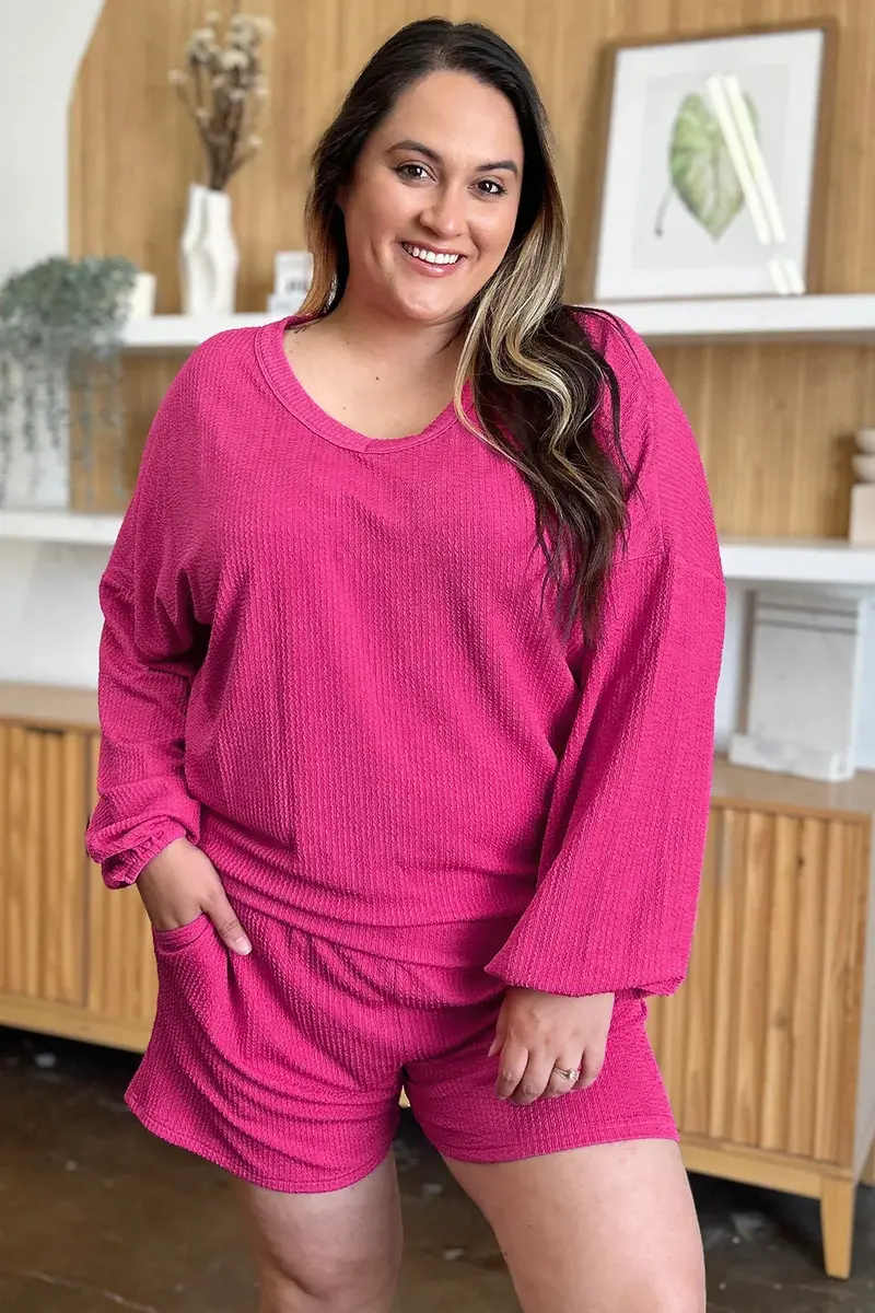 Texture V-Neck Long Sleeve T-Shirt And Shorts Set 4