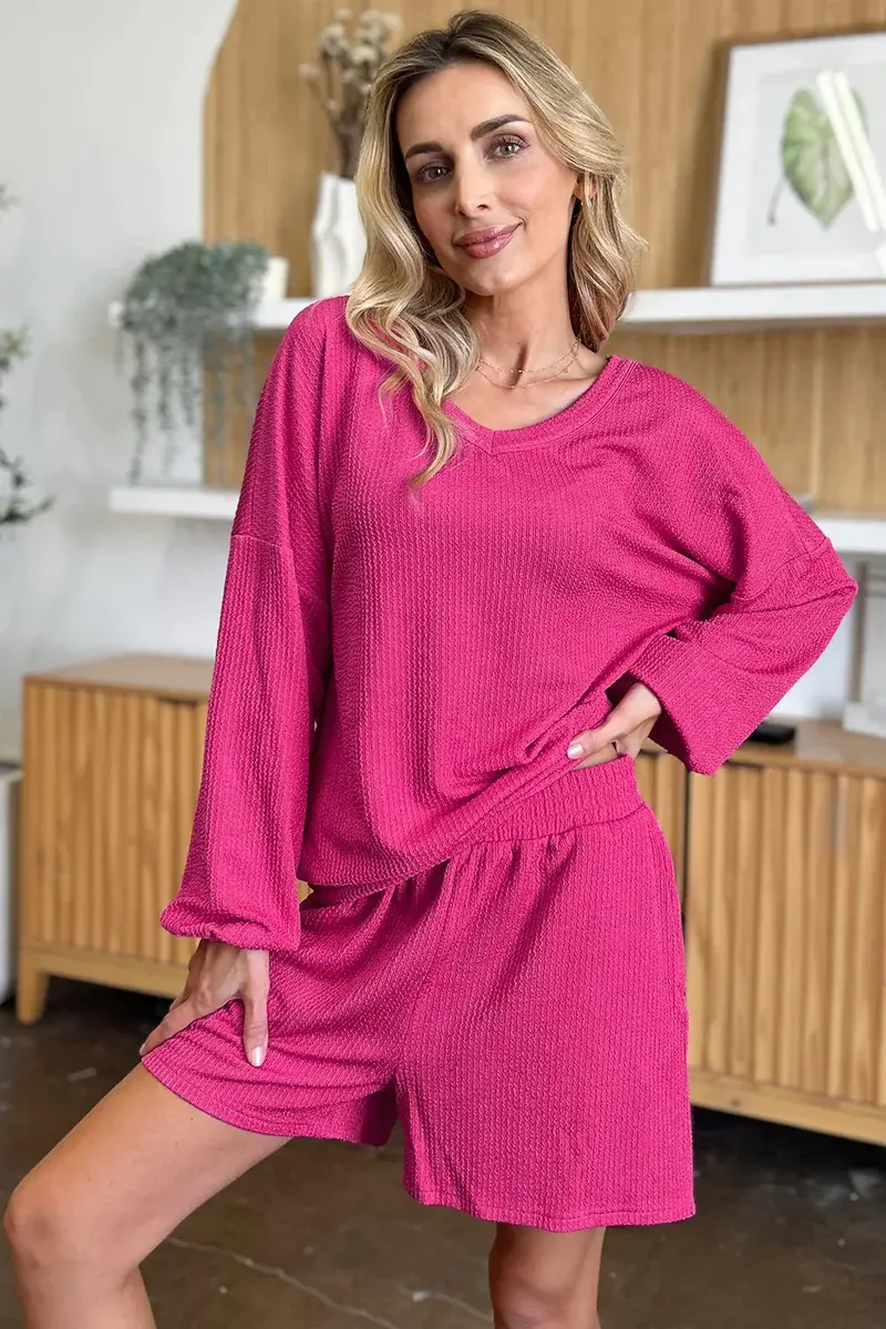 Texture V-Neck Long Sleeve T-Shirt And Shorts Set 8