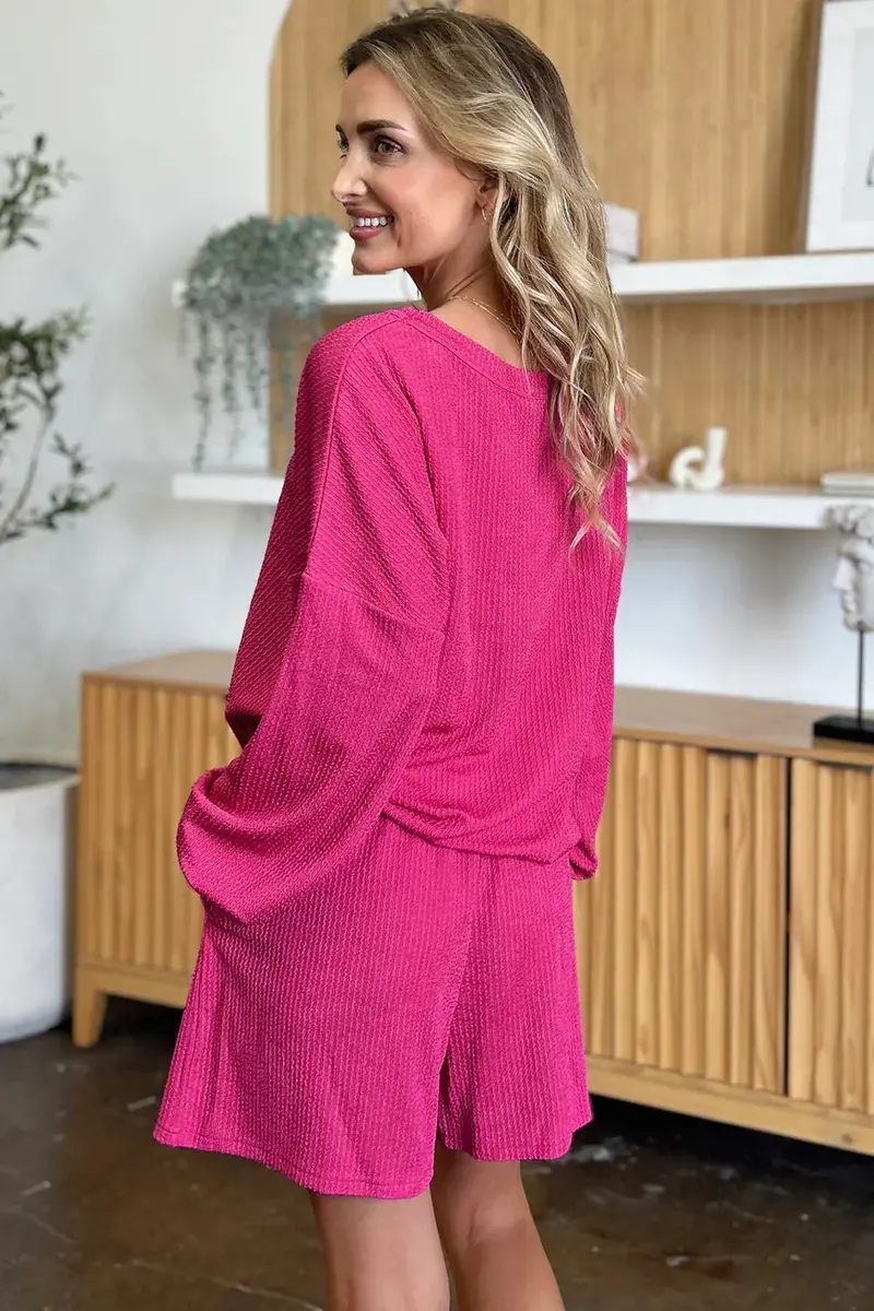 Texture V-Neck Long Sleeve T-Shirt And Shorts Set 9