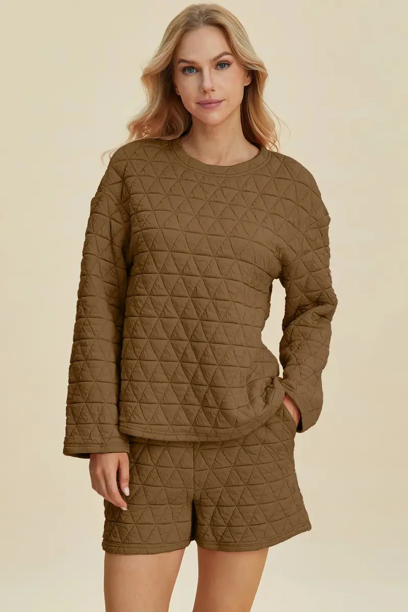 Textured Long-Sleeve Top and Shorts Matching Set