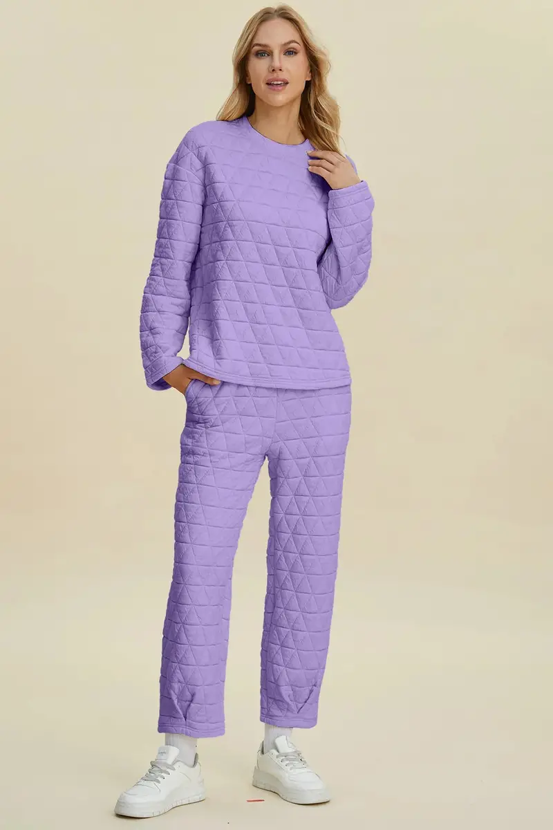 Textured Round-Neck Long-Sleeve Top and Matching Pants Set