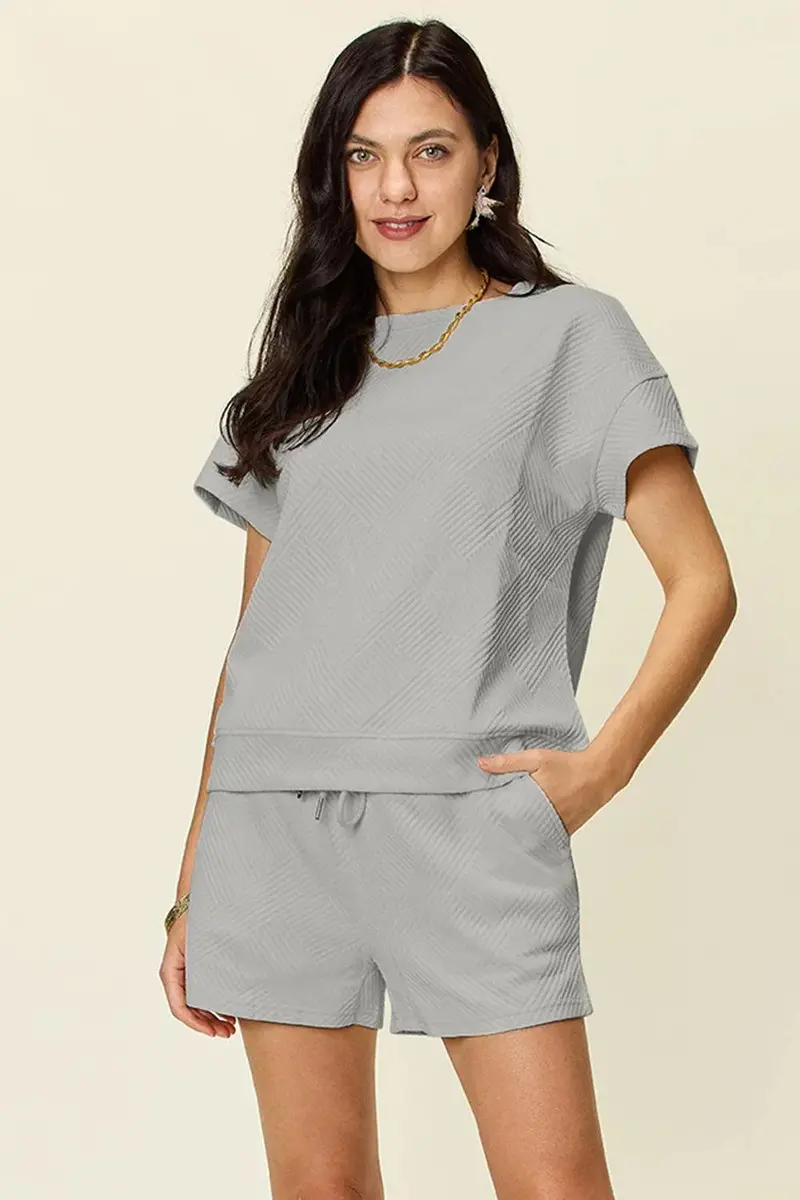 Textured Short-Sleeve Tee Paired with Drawstring Waist Shorts