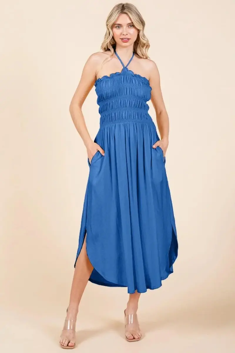 Tie Back Shirring Dress With Pockets 1