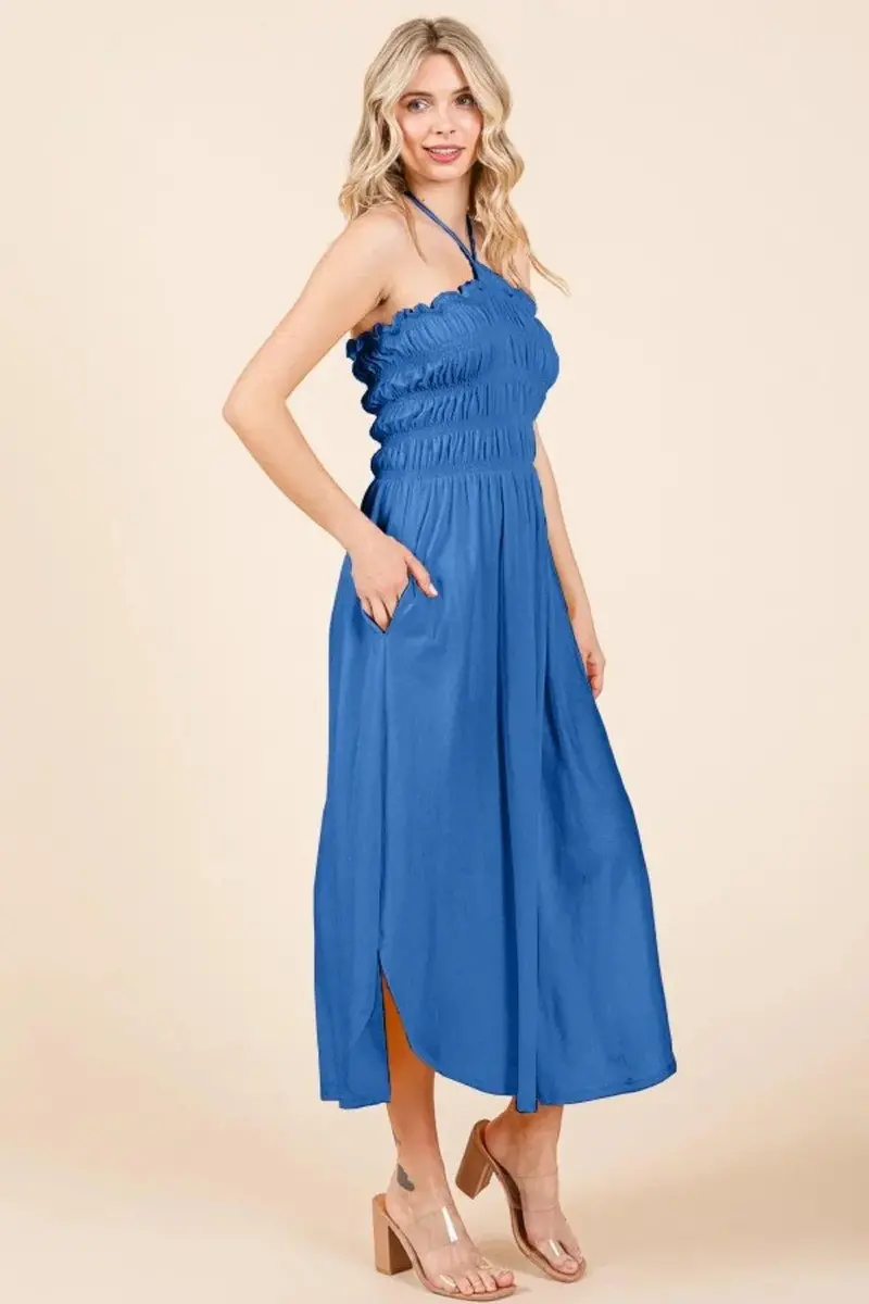 Tie Back Shirring Dress With Pockets 3