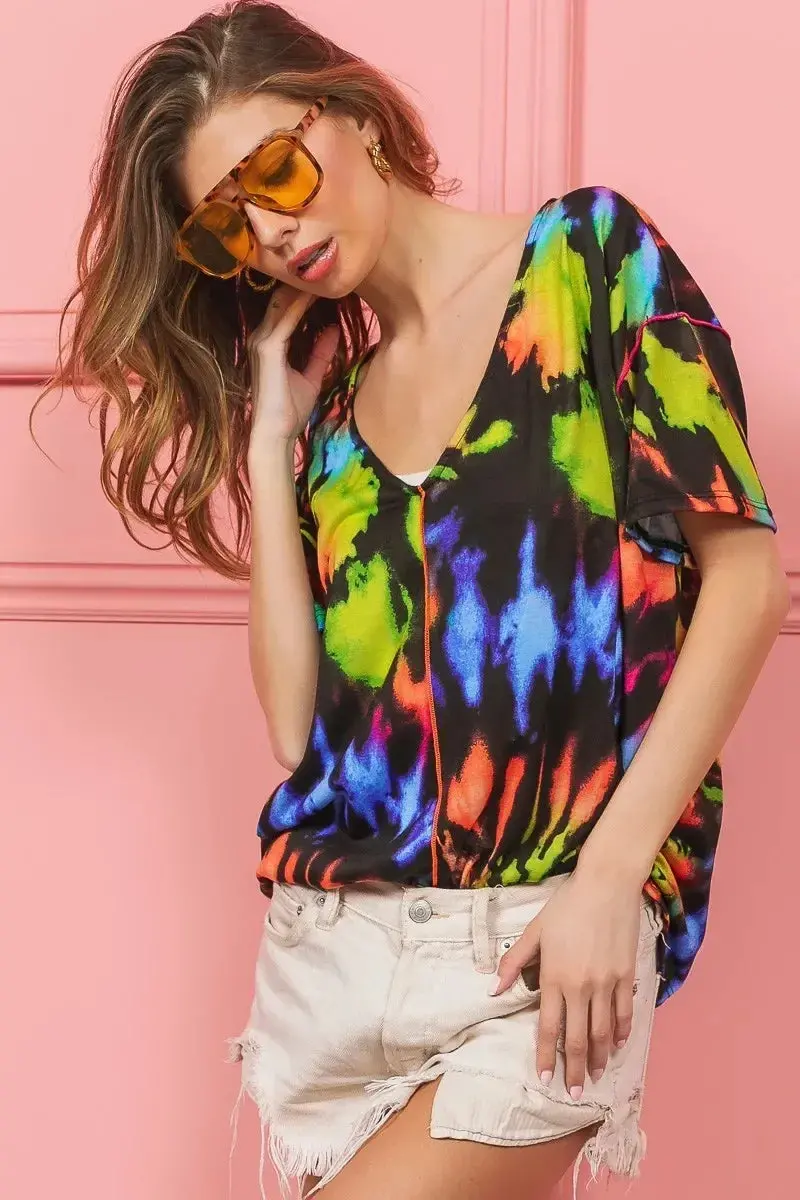Tie Dye Print Jersey Stitched V Neck Top 1