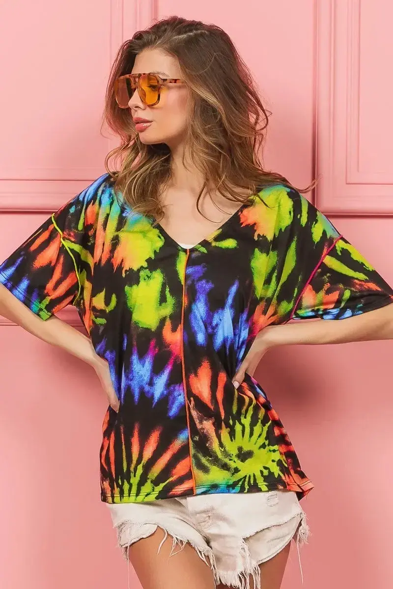 Tie Dye Print Jersey Stitched V Neck Top 1