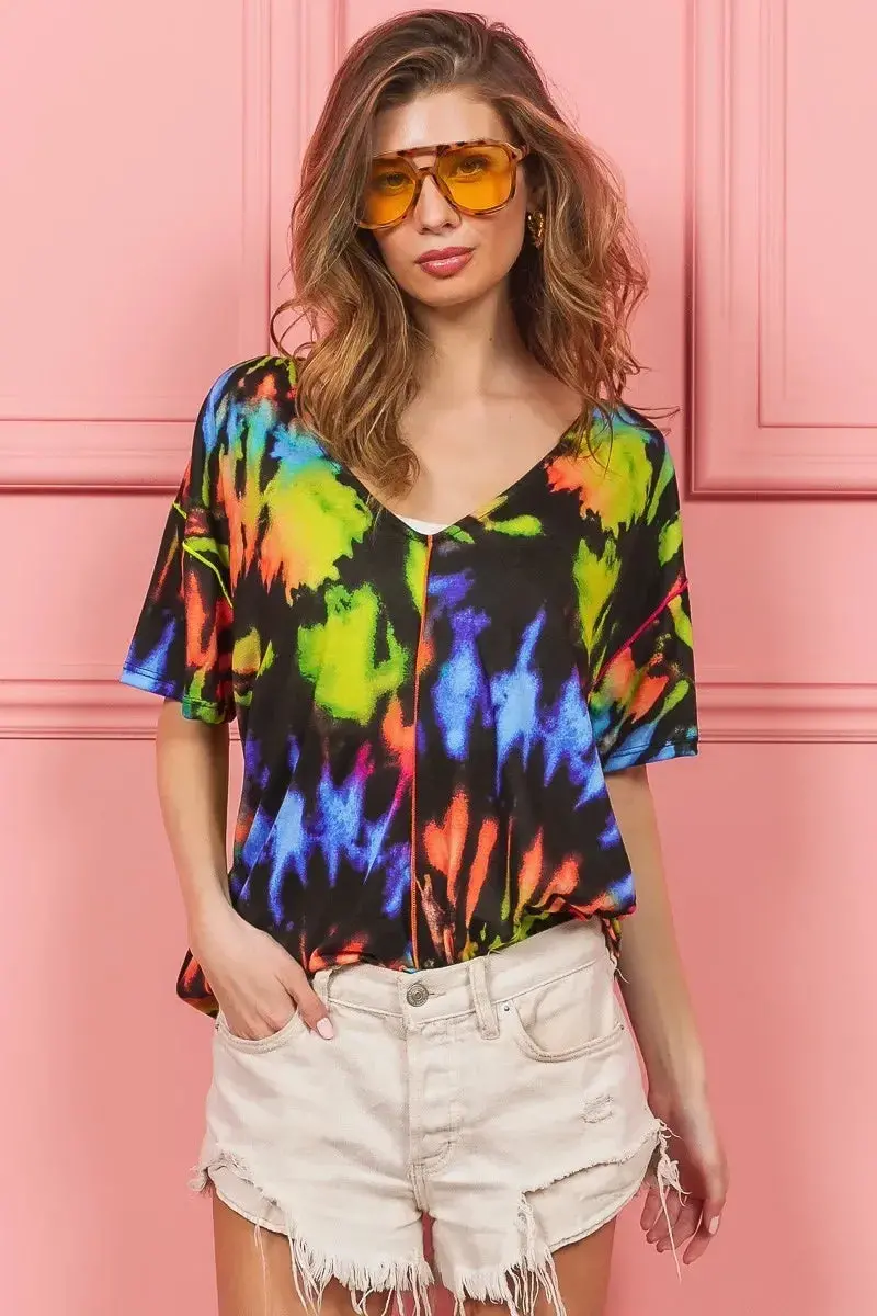 Tie Dye Print Jersey Stitched V Neck Top 2