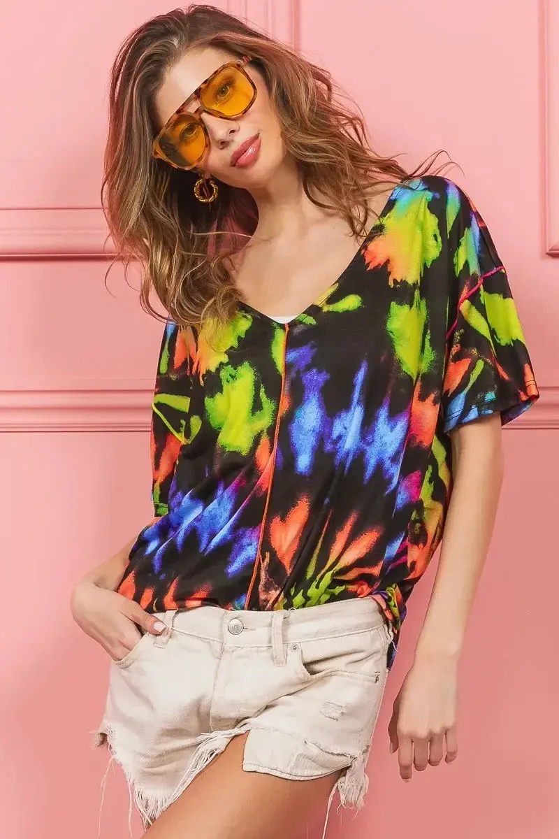 Tie Dye Print Jersey Stitched V Neck Top 3