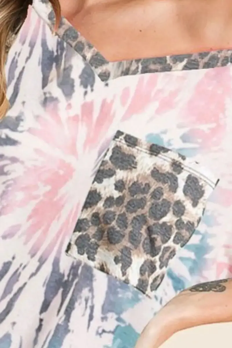 Tie Dye Print V Neck Top With Front Patch Pocket 3