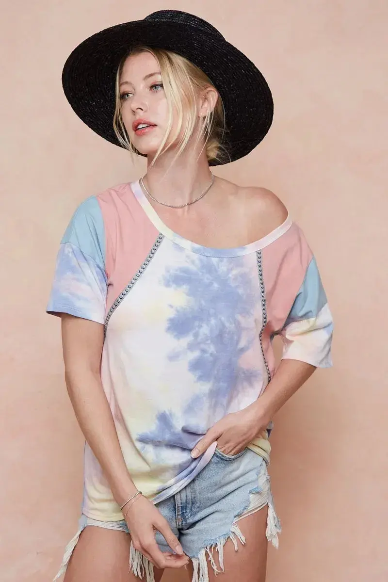 Tie Dye Printed Cotton Color Block T-Shirt 1