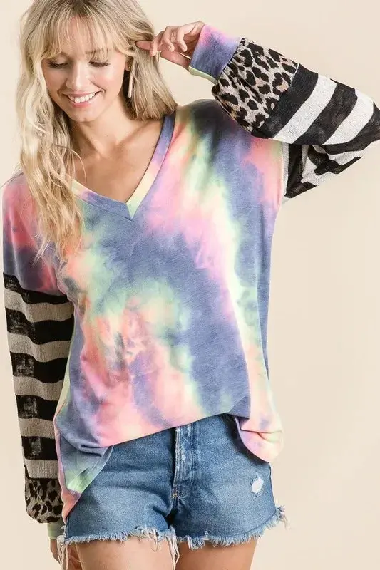 Tie Dye V Neck Top With Stripe Puff Sleeves 3