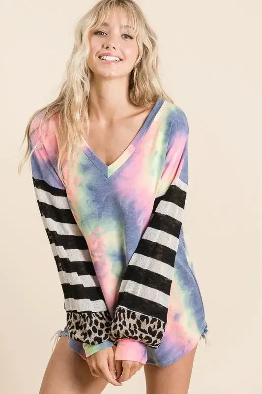 Tie Dye V Neck Top With Stripe Puff Sleeves 4