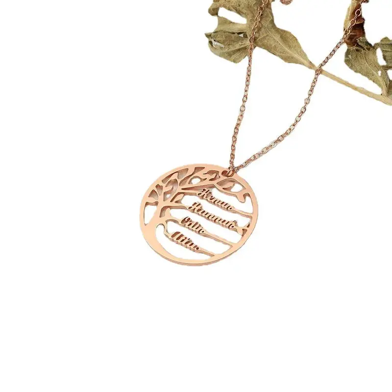 Tree of Life Round Pendant Necklace – Hollow Design with Custom Name
