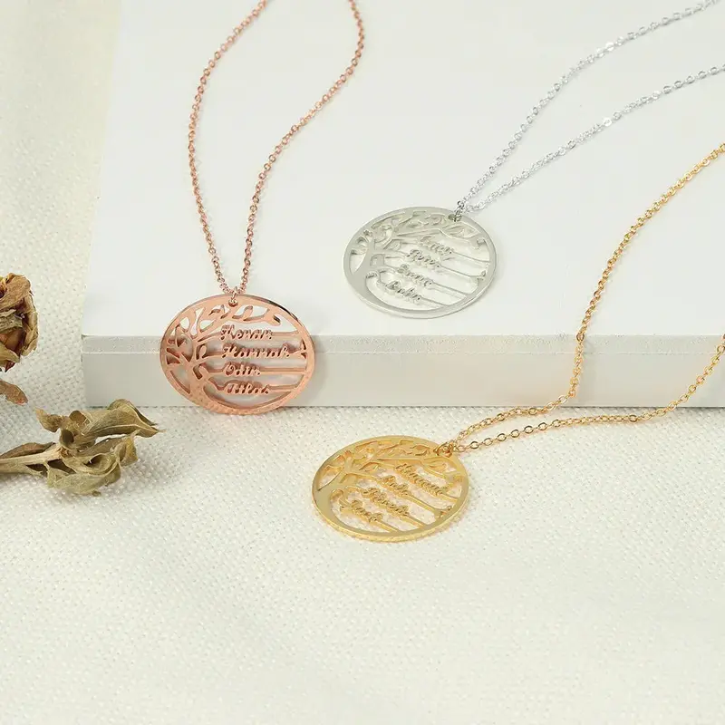 Trendy Fashion Round Hollow Tree Of Life Customizable Name Design Light Luxury Wind Necklace 2