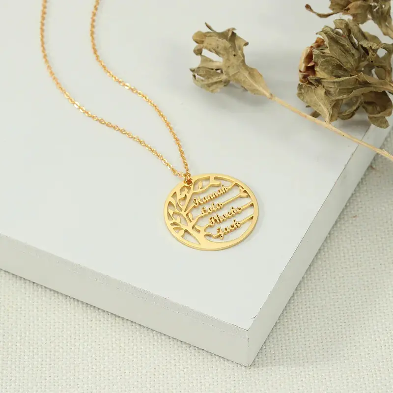 Trendy Fashion Round Hollow Tree Of Life Customizable Name Design Light Luxury Wind Necklace 5