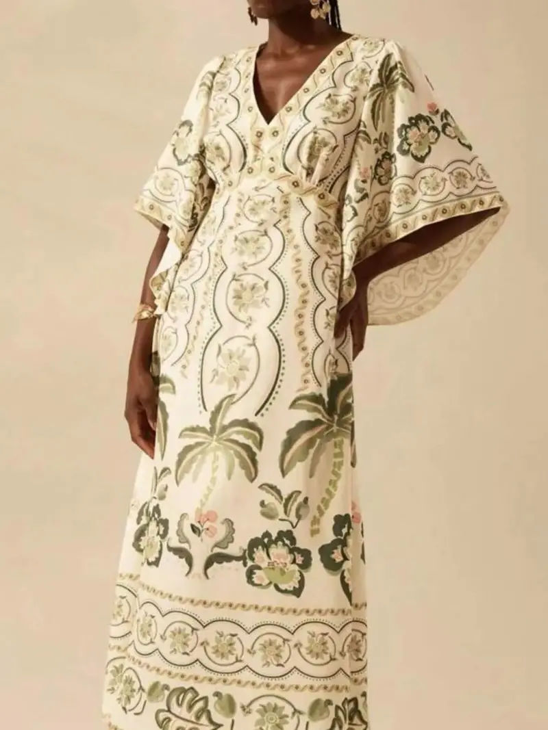 Tropical Palm Print V-Neck Midi Dress