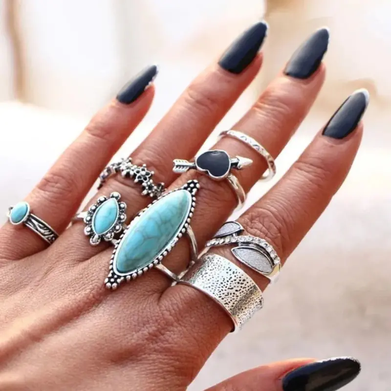 Turquoise Alloy 8-Piece Ring Set 1
