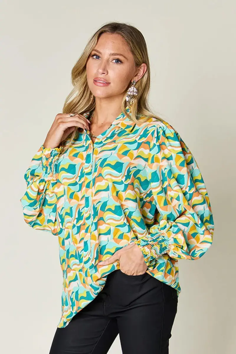 Turquoise Smocked Long Sleeve Blouse 1