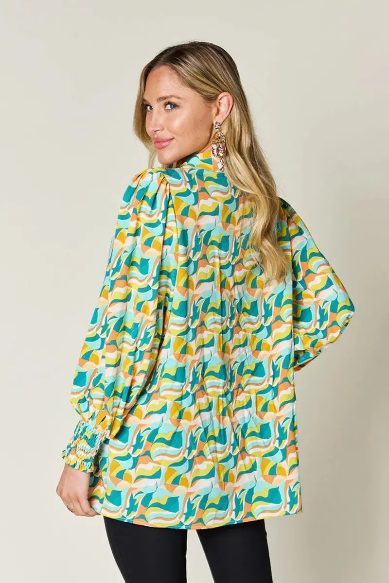 Turquoise Smocked Long Sleeve Blouse 2
