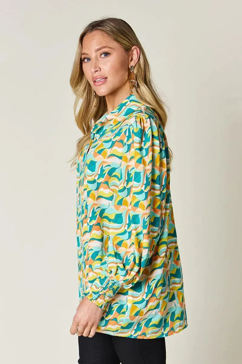 Turquoise Smocked Long Sleeve Blouse 3