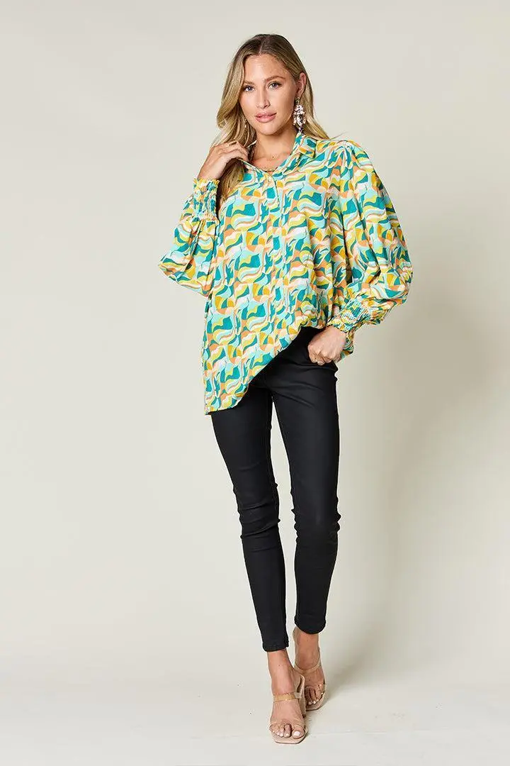 Turquoise Smocked Long Sleeve Blouse 4