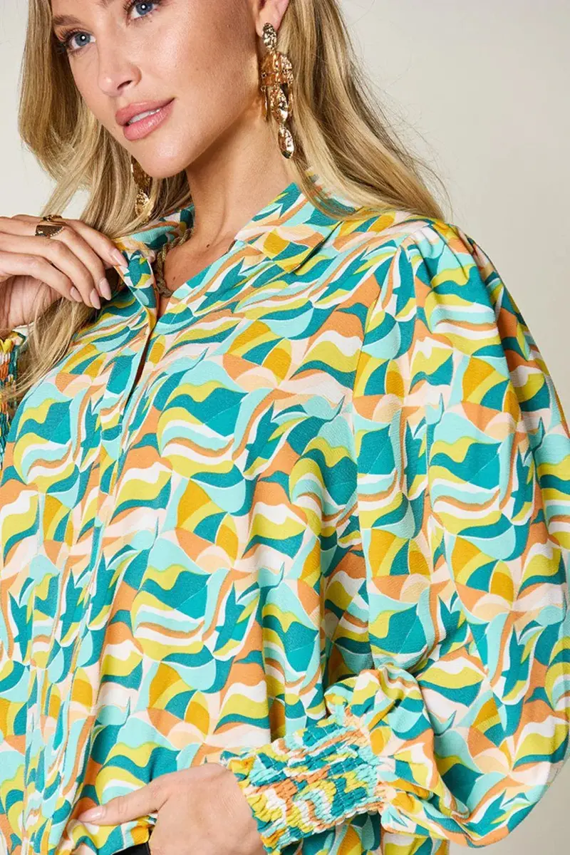Turquoise Smocked Long Sleeve Blouse 5