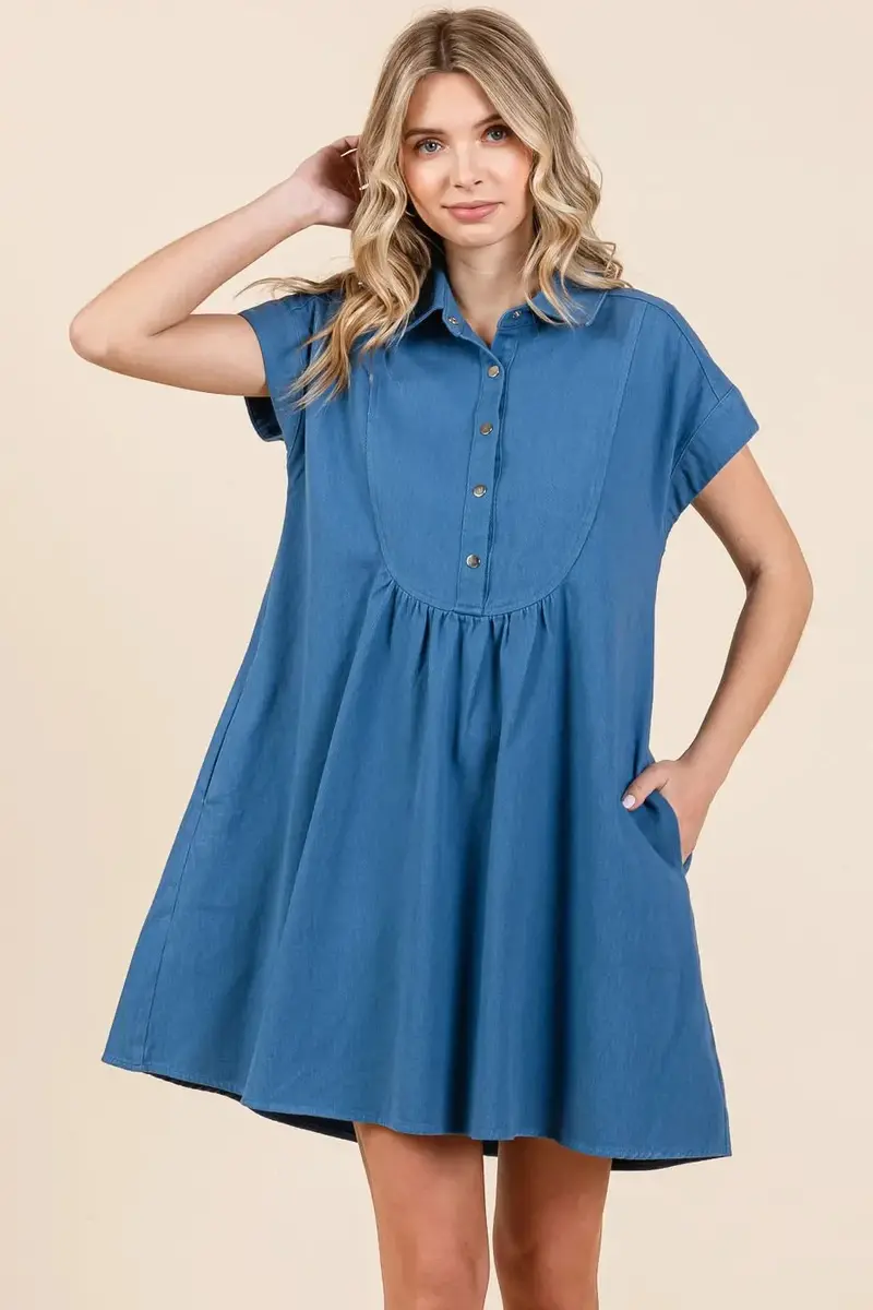 Twill Short Sleeve Collared Mini Dress 1