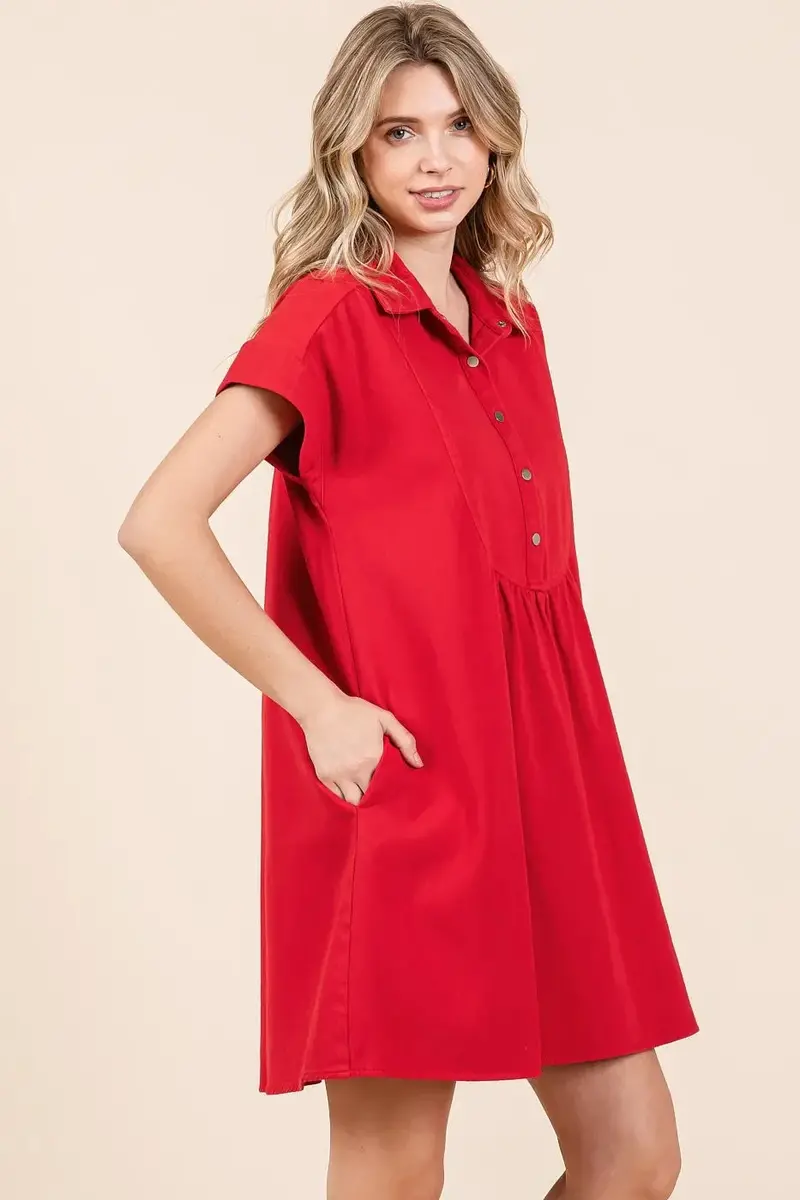 Twill Short Sleeve Collared Mini Dress 1