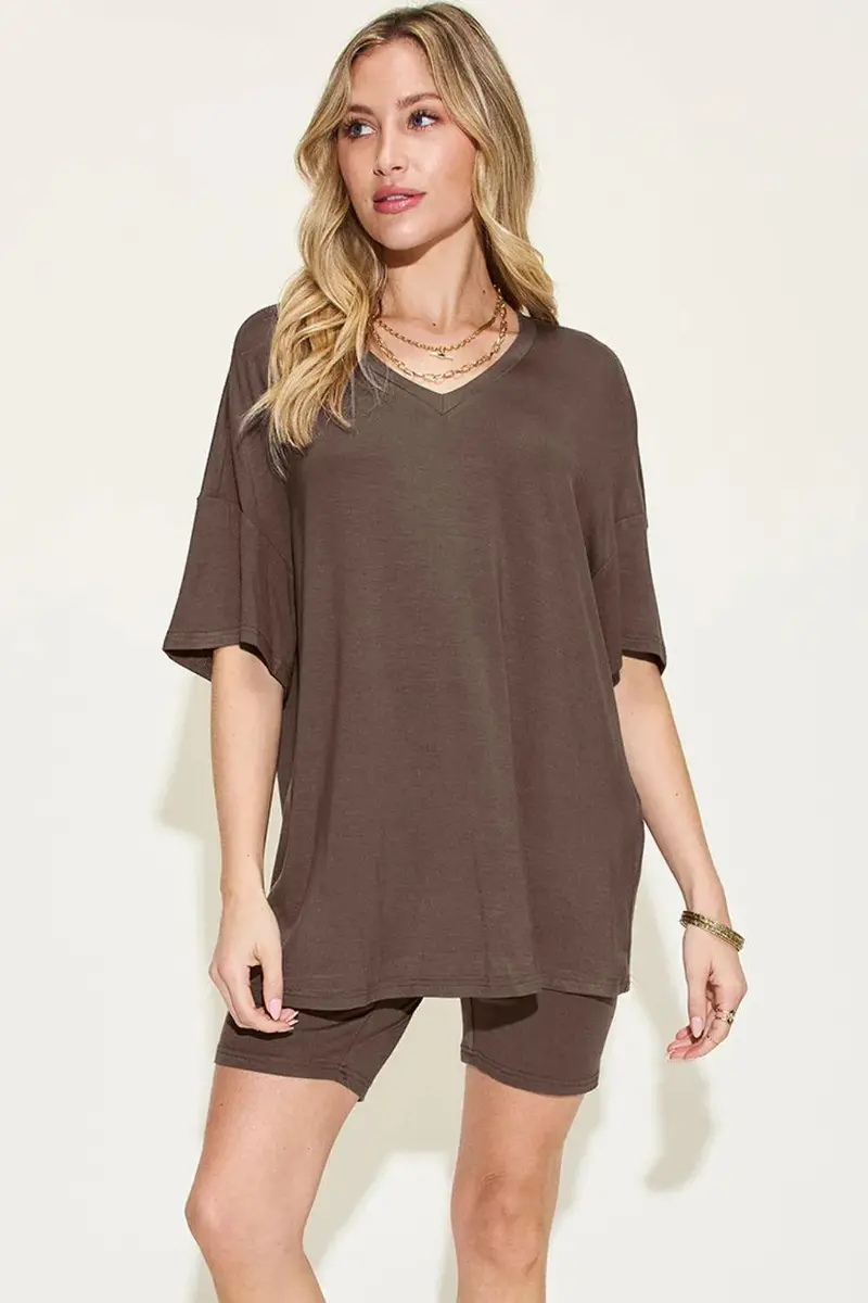 V-Neck Drop Shoulder T-Shirt And Shorts Set 19