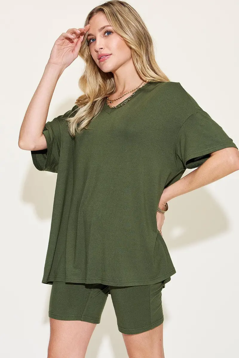 V-Neck Drop Shoulder T-Shirt And Shorts Set 22