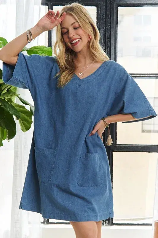 V-Neck Half Sleeve Mini Denim Dress 1
